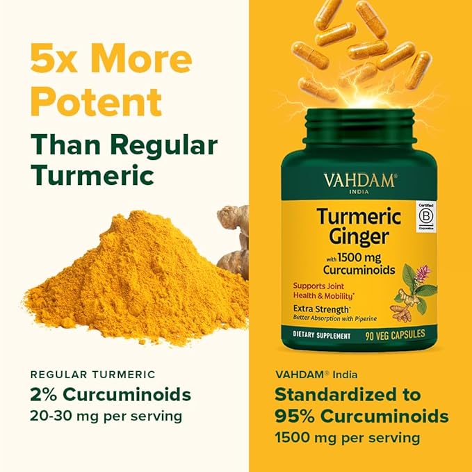 VAHDAM Turmeric Ginger 1900mg - with 1500mg Curcuminoids | Added Ginger &amp Piperine for Fast Absorption | Supports Joint Health and Mobility | 90 Capsules (Pack of 2)