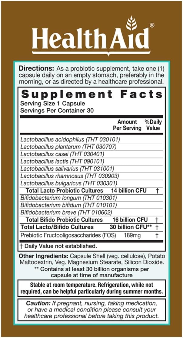 HealthAid AdultsProbio 30 Billion 10 Strains Once Daily 30ct 30 Billion with Prebiotic Acid &amp Bile Resistant Strains Dairy &amp Gluten Free Vegan