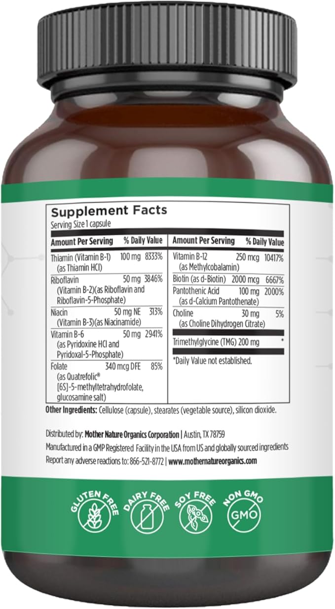Mother Nature Organics Methylated B Complex – Bioactive B Vitamins with Methyl B12 B1 B3 Niacin B6 Folate &amp Biotin – Supports Energy Brain Heart &amp Metabolism – 120 Capsules Non-GMO Glu