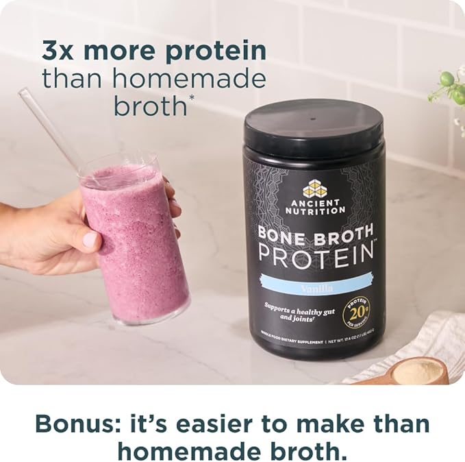 Ancient Nutrition Grass Fed Cage Free Bone Broth Protein Powder 20g Protein Hydrolyzed Collagen Peptides Keto &amp Paleo Friendly Supports Joint Gut Health Vanilla 20 Servings