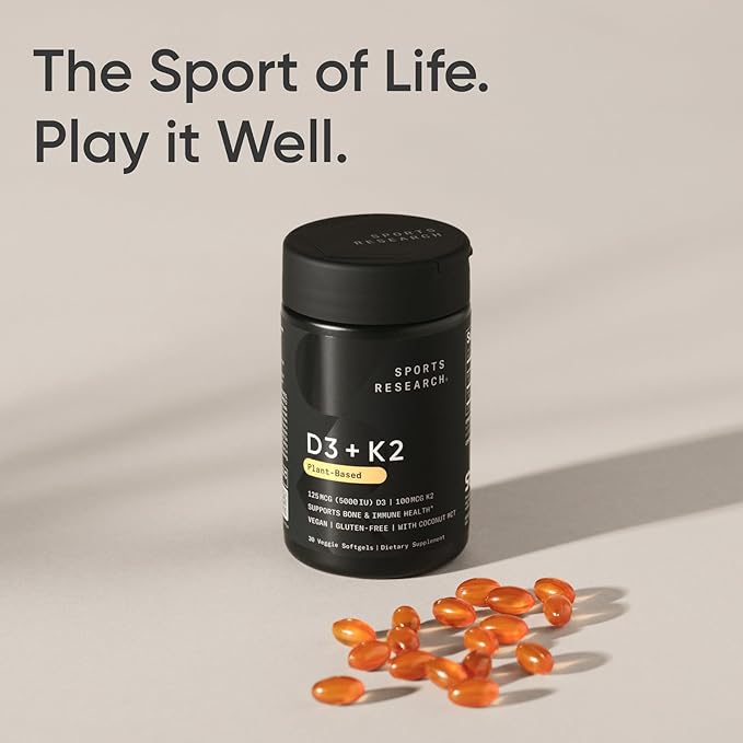 Sports Research® Vitamin D3 + K2 with 10000iu of Plant-Based D3 &amp 100mcg of Vitamin K2 as MK-7 | Non-GMO Verified &amp Vegan Certified 60ct