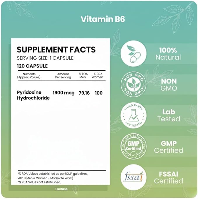 Vitamin B6 Pyridoxine -120 Veg. Capsules.