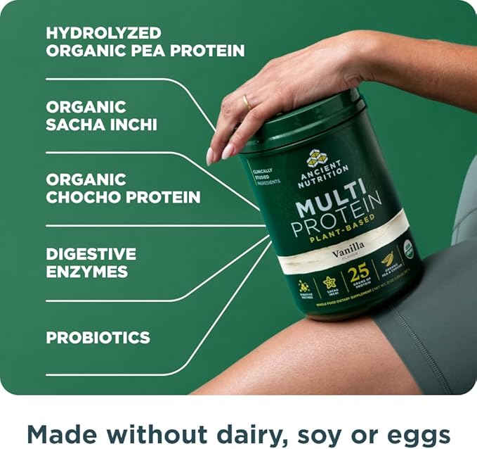 Ancient Nutrition Organic Multi Protein Plant Based Powder 25g Protein Hydrolyzed Pea Protein Digestive Enzymes &amp Probiotics Supports Muscle &amp Gut Health Vanilla 15 Servings