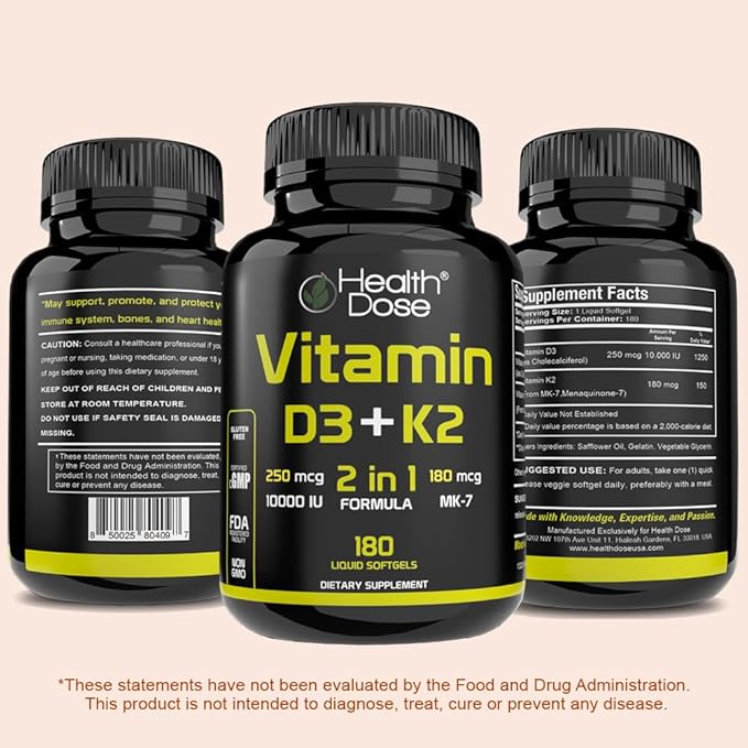 Health Dose Vitamin D3 10000 IU + K2 (MK7) Supplement 2-in-1 Formula Immune Support a Healthy Mood Heart Joint Teeth Bone Health Calcium Absorption 180 softgels. (2)