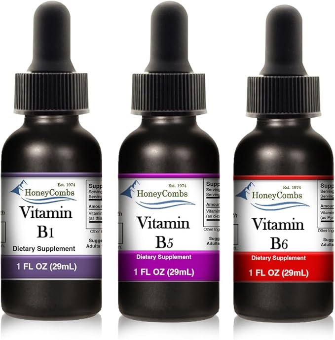HoneyCombs Liquid Drops 1oz Each Save 10% - High Potency Thiamine Vitamin B1 Extract + Vitamin B5 (Pantothenic Acid) + Vitamin B6 (Pyridoxine)