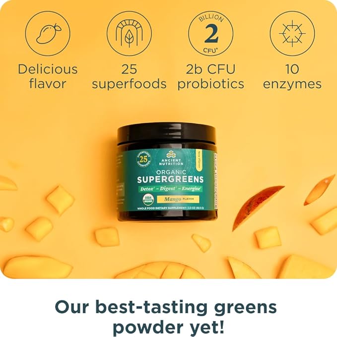 Ancient Nutrition Multi Collagen Protein Powder Unflavored 24 Servings + Organic Supergreens Powder Mango 12 Servings