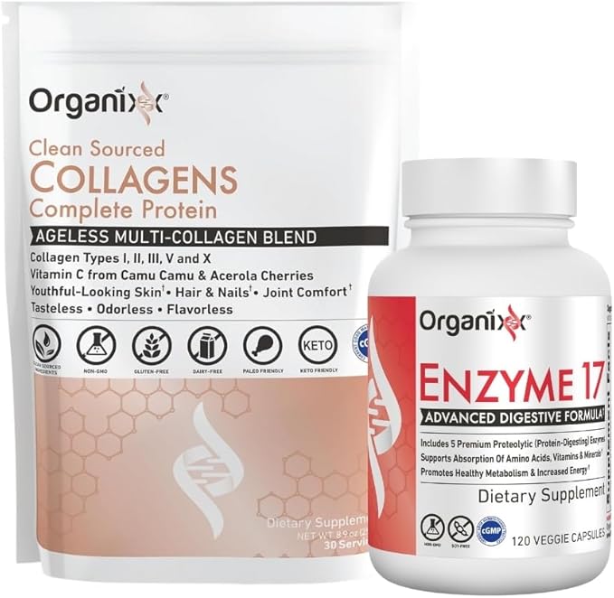 Organixx Enzyme 17 (120 Caps) &amp Clean Sourced Collagens (30 Serv) Bundle Digestive Enzymes with Tri-Phase Protease plus Hydrolyzed Collagen Protein Supports Digestion Immunity &amp Joints Glu