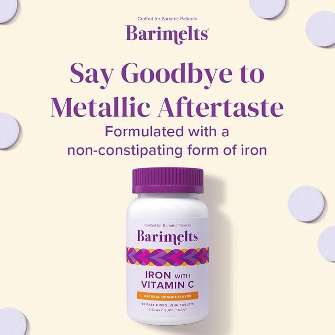 Barimelts Iron with Vitamin C 90 Fast-Dissolving Tablets (1-Month Supply) Sugar-Free Bariatric Iron Supplement for Women Natural Orange Flavor