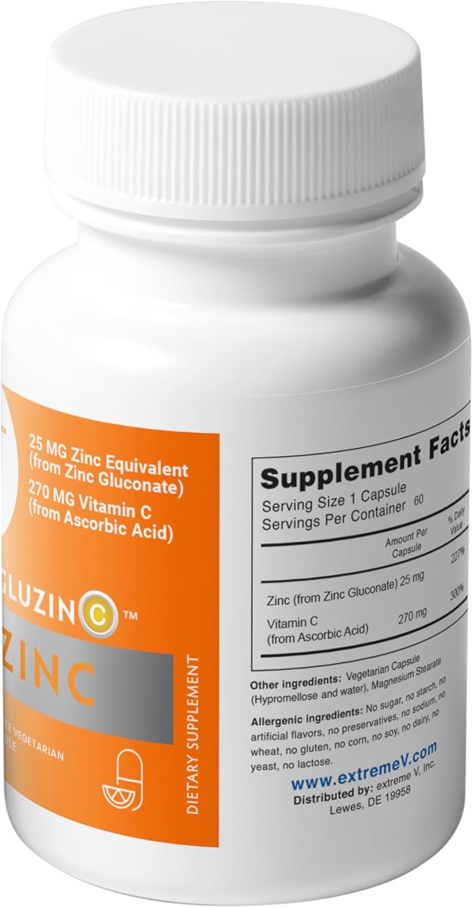 Zinc MG25+VC Dual Pack | Daily Zinc Gluconate + Vitamin C | 25mg + 270mg | Clean Formula Vegan-Friendly (2 Bottles 120 Vegetarian Capsules)