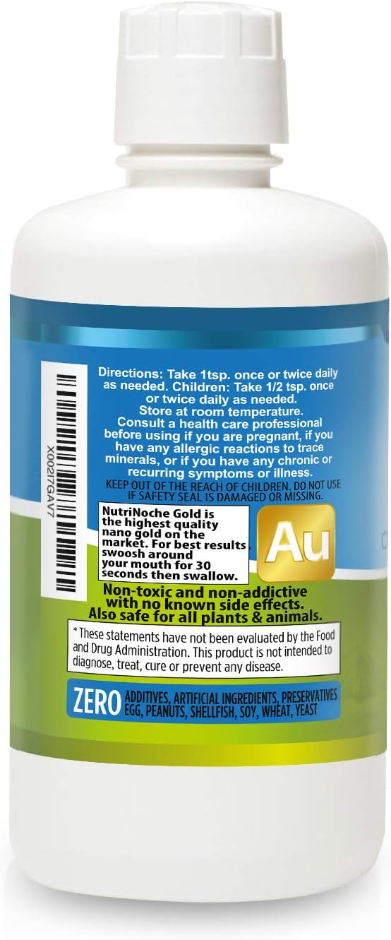 Colloidal Gold Liquid Organic Supplement by Nutrinoche - 100% Pure Nano Gold Mineral - Supports Mental Clarity Focus &amp Relaxation - 32 oz Bottle - Vegan Gluten-Free - Crystalline- 30 ppm