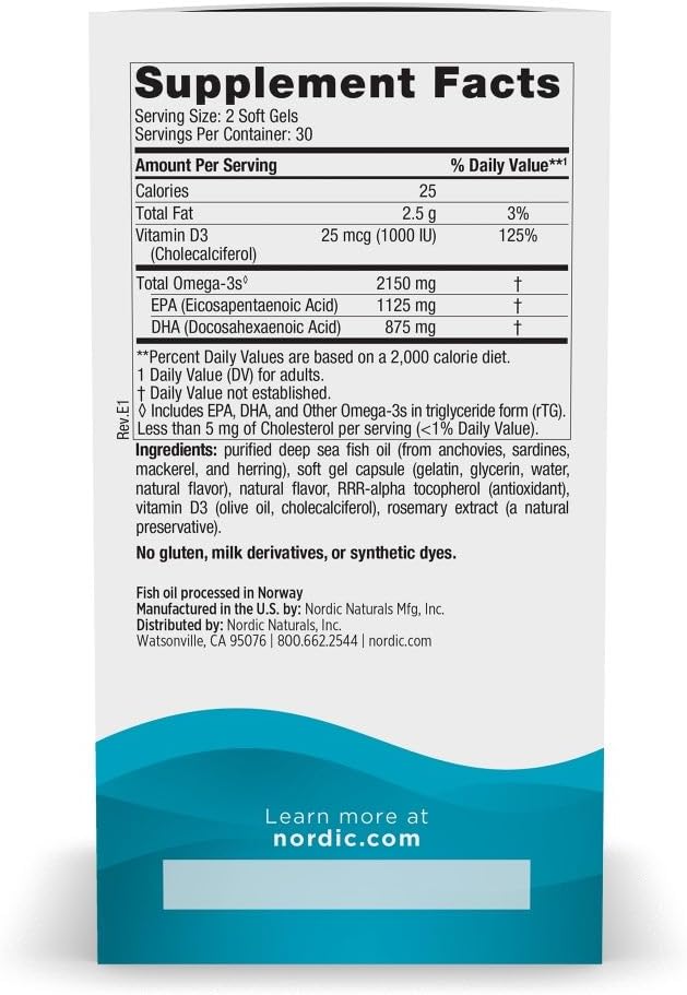 Nordic Naturals Ultimate Omega 2X with Vitamin D3 Lemon Flavor - 60 Soft Gels - 2150 mg Omega-3 + 1000 IU D3 - EPA &amp DHA - Brain Heart &amp Immune Health - 30 Servings