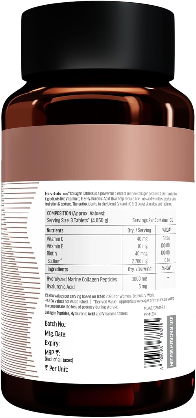Collagen Tablets (90 Tablets) | 3000mg | Marine Collagen Peptides | Vitamin C E Biotin with Hydrolyzed Peptides