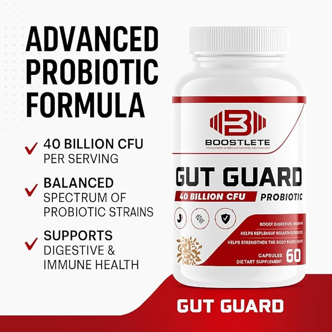 GutGuard Probiotic Supplement – 40 Billion CFU – Clinically Studied Probiotics with FOS Prebiotics for Digestive Health Immune Support Gut Balance and Mood (60 Capsules)