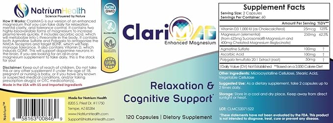 Nootropics Depot ClariMAG Capsules | Enhanced Magnesium | 60 Count | Relaxation &amp Cognitive Support | Stack