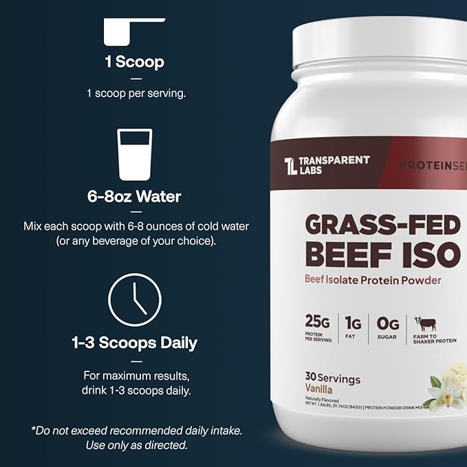 Transparent Labs Grass-Fed Beef Isolate Protein Powder – Naturally Flavored Dairy-Free Protein with 25g of Protein per Serving for Increased Recovery &amp Strength – 30 Servings Vanilla