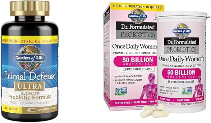 Garden of Life Probiotics Bundle - Primal Defense Ultra Ultimate Probiotic 216 Capsules + Dr. Formulated Probiotics for Women 50 Billion CFU 30 Capsules