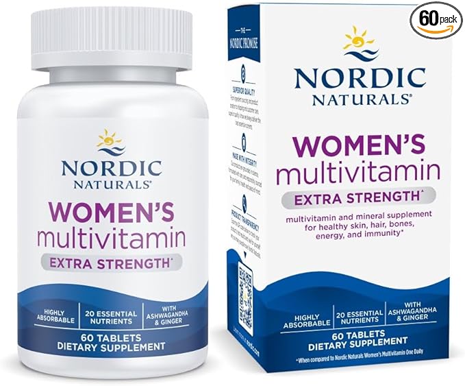 Nordic Naturals Women’s Multivitamin Extra Strength - Skin Hair Energy &amp Bone Support - Immunity Supplement - 20 Essential Nutrients - 60 Tablets - 30 Servings