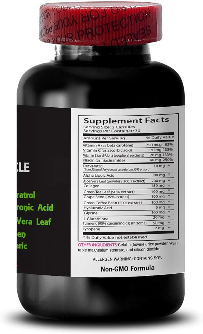Alpha Lipoic Acid - Anti-Wrinkle Complex - Collagen Care Lycopene Green Coffee Bean L-Glutathione Aloe Vera Grape Seed Turmeric Hydration Solution Skin Texture 3 Bottles 180 Capsules