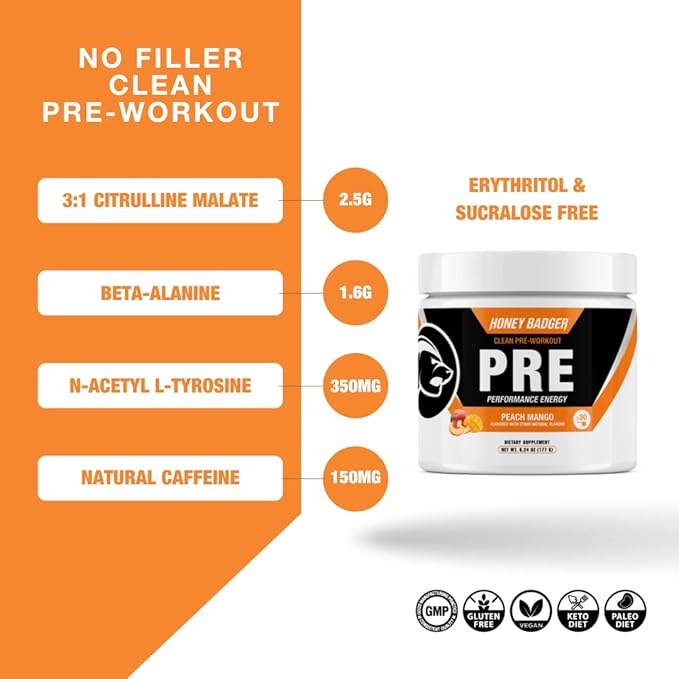 Honey Badger Pre Workout Powder Keto Vegan Preworkout for Men &amp Women Beta Alanine &amp Caffeine Sugar Free Natural Energy Supplement Peach Mango 30 Servings