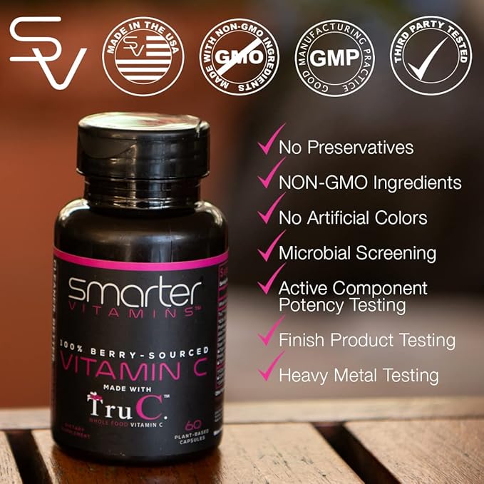Smarter Raw Whole Food Vitamin C from Berries Premium Antioxidants Bioflavonoids &amp Polyphenols 60 Vegan Capsules