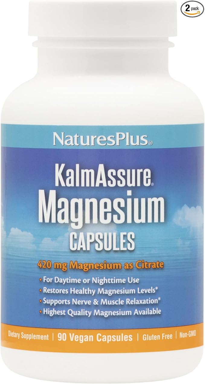 NaturesPlus KalmAssure Magnesium 420 mg - 90 Vegan Capsules Pack of 2 - Supports Nerve &amp Muscle Relaxation - Non-GMO Gluten Free - 60 Total Servings