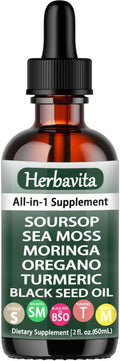 Soursop Liquid Drops 10 in 1 with Sea Moss Moringa Turmeric Black Seed Oil – Vegan Non-GMO Immune &amp Energy Support – 2 fl oz