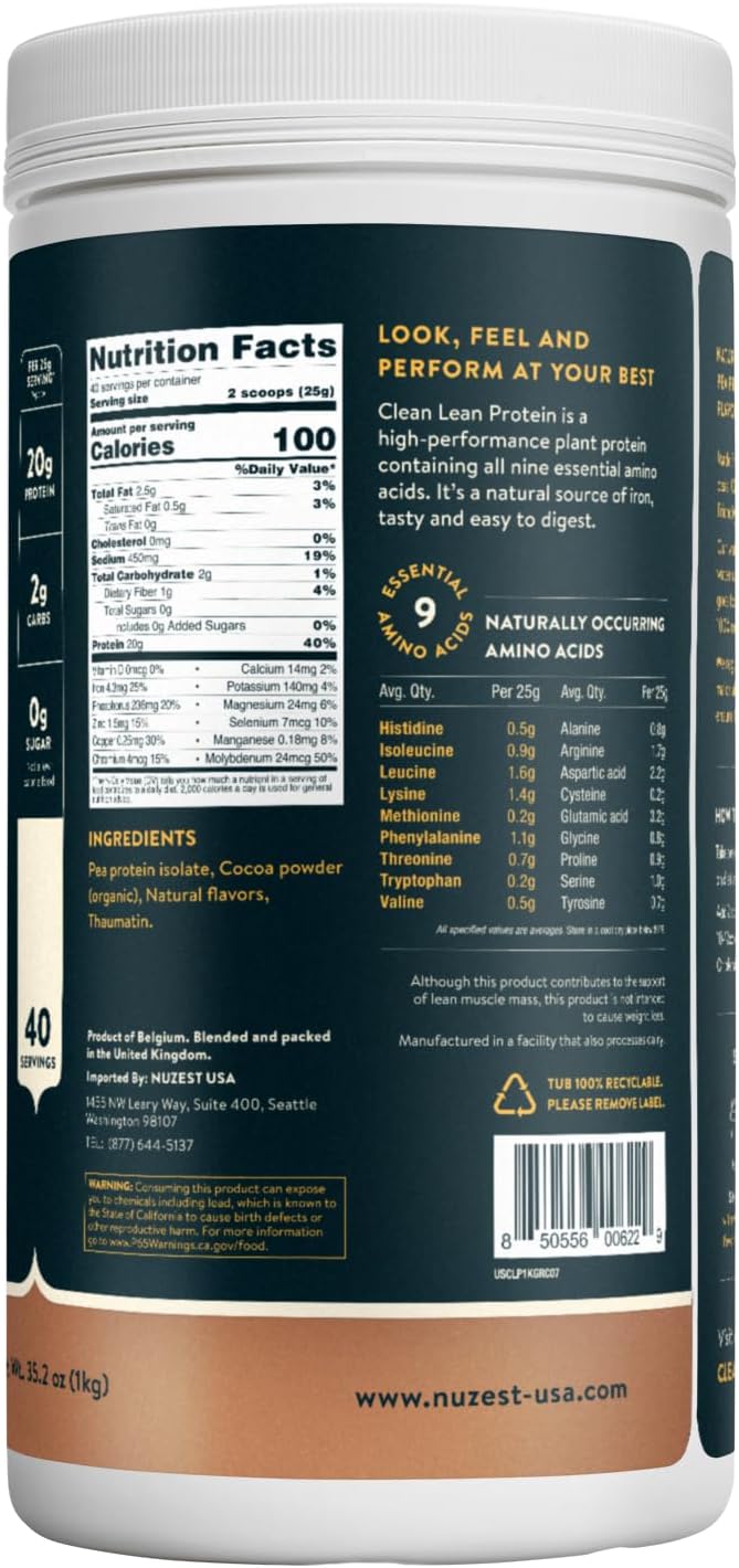 Nuzest Vegan Pea Protein Powder - Clean Lean Protein 40 Servings 20g Protein Rich Chocolate Protein Shake Mix + Sports Shaker Bottle 24oz