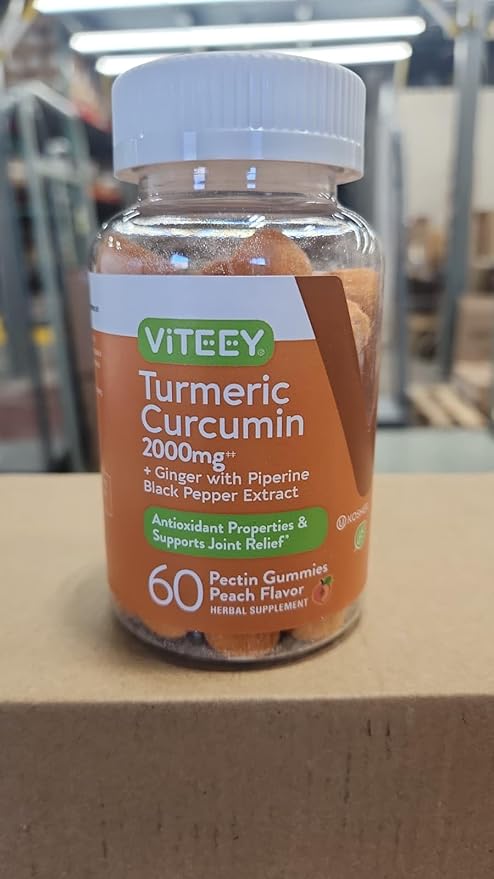 Viteey Turmeric Gummies with Turmeric Curcumin Ginger &amp Black Pepper Extract - Immune Support Healthy Skin and Joint Health - Vegan Gelatin Free GMO Free - Tasty Chewable Peach Flavored-120 C