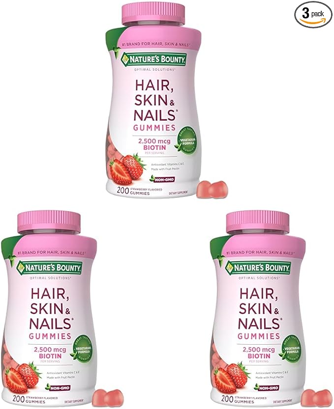 Nature's Bounty Optimal Solutions Hair Skin and Nails Pectin Gummies 2500 mcg Biotin Per Serving No Stick Gummy Vegetarian Formula Strawberry Flavor 200 Count 100 Total Servings (Pack of 3)