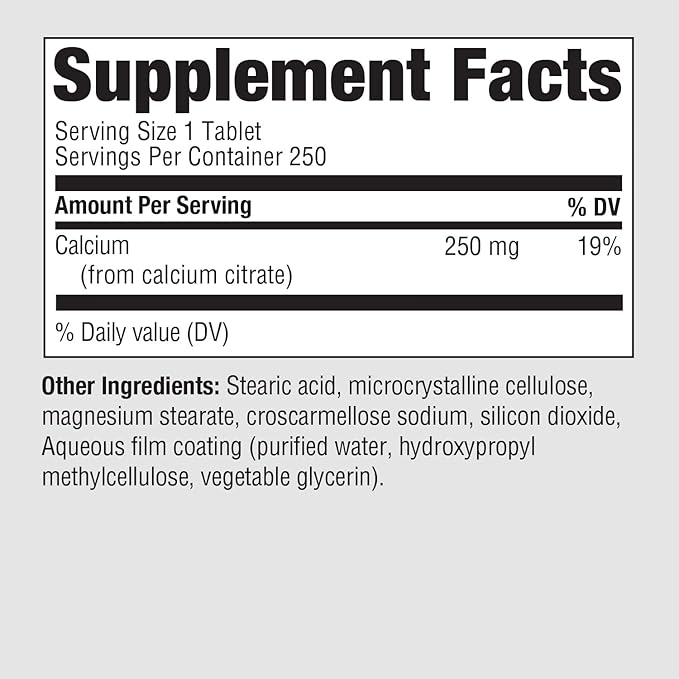 PureFormulas Calcium Citrate 250 mg | Boosts Bone &amp Dental Health | Non-GMO | Calcium Supplement for Women &amp Men | Without Vitamin D - 250 Tablets