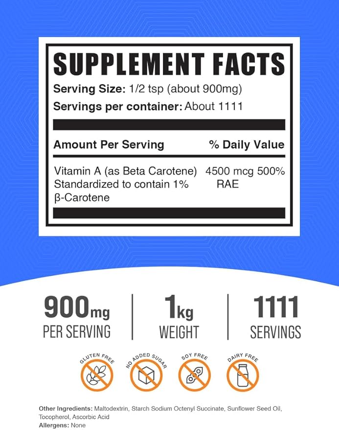 BulkSupplements.com Beta Carotene Powder - Beta Carotene Supplement Vitamin A Supplement for Immune and Vision Support - Gluten Free 900mg per Serving 1kg (2.2 lbs) (Pack of 1)