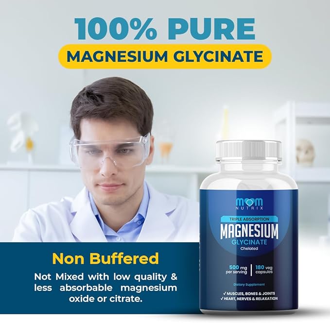 Magnesium Glycinate - 500 mg Chelated Triple Absorption Magnesium - Heart Bones Joints Support - Calm &amp Relax- 180 Capsules