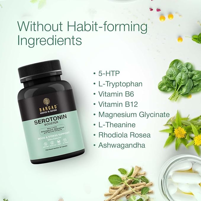 Serotonin Support Supplement – Helps Boosts 5HTP Serotonin &amp Cortisol Levels Herbal Blend – Promotes Positive Mood Calmness Stress Relief | Happy Mood &amp Brain Support | 60 Capsule