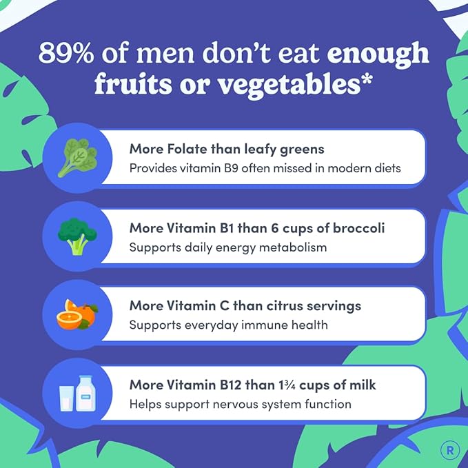 FIRST DAY Multivitamin for Men + Organic Fruit &amp Veggie Blend Mens Multivitamins Gummies with 13 Key Nutrients for Energy Focus Immunity - Vitamins A B1 B2 B6 B9 B12 C D3 K - 30 Day Sup
