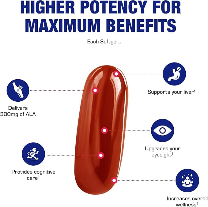 Alpha Lipoic Acid 300mg - Clinical Formula ALA Supplement for Liver Eye Brain Mitochondria Energy Antioxidant &amp Nerve Support - Non-GMO Soy Free &amp Easy to Swallow Softgels - 60 Servings