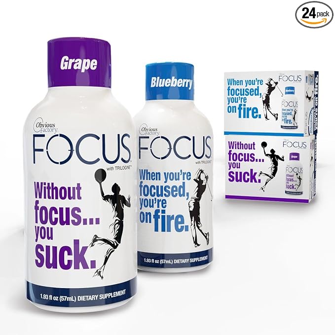 Focus Shots with Trilogine Stay Sharp Zero Sugar Energy Boost 1.93 oz 24 Count Variety Pack Blueberry Grape Flavors