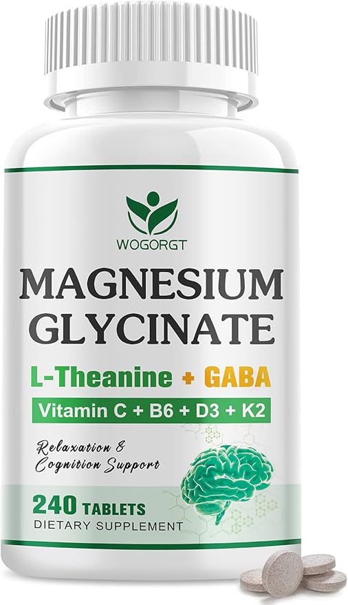 Magnesium Glycinate and L-Theanine Supplement - Relaxation &amp Cognition Support - 400mg Magnesium Supplement with L-Theanine GABA Chamomile B6 D3 &amp K2 for Adults &amp Teens Vegan - 240 Ta