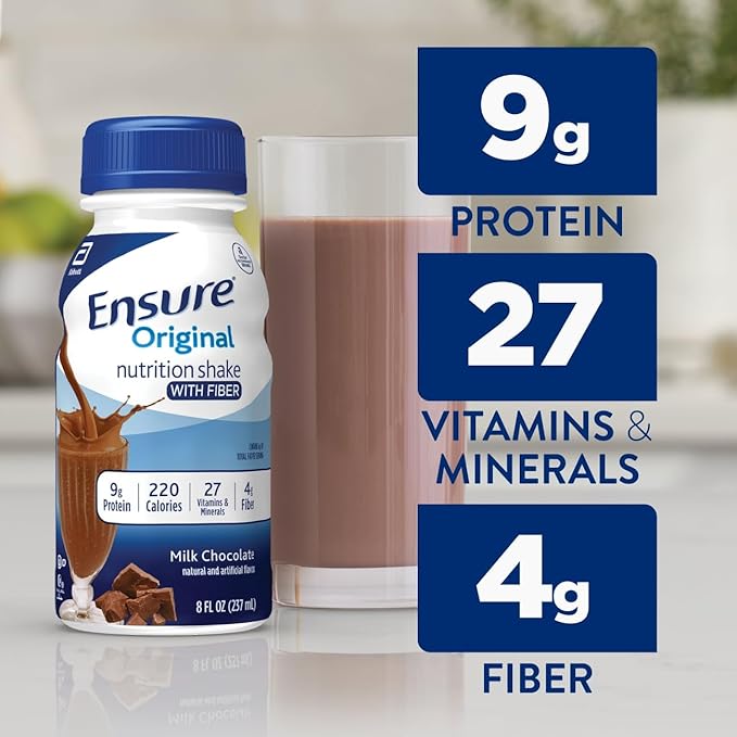 Ensure Original Milk Chocolate Nutrition Shake With Fiber | Small Meal Replacement Shake | Ready to Drink | 9g Protein 27 Vitamins and Minerals | 8 fl oz - 24 Pack