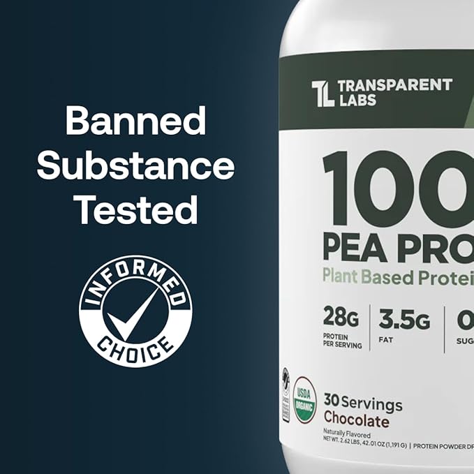 Transparent Labs 100% Pea Protein Powder - 28g Organic Plant Protein per Serving Clean Pea Isolate Powder USDA Organic Vegan Gluten-Free Sugar-Free Non-GMO - 30 Servings Chocolate