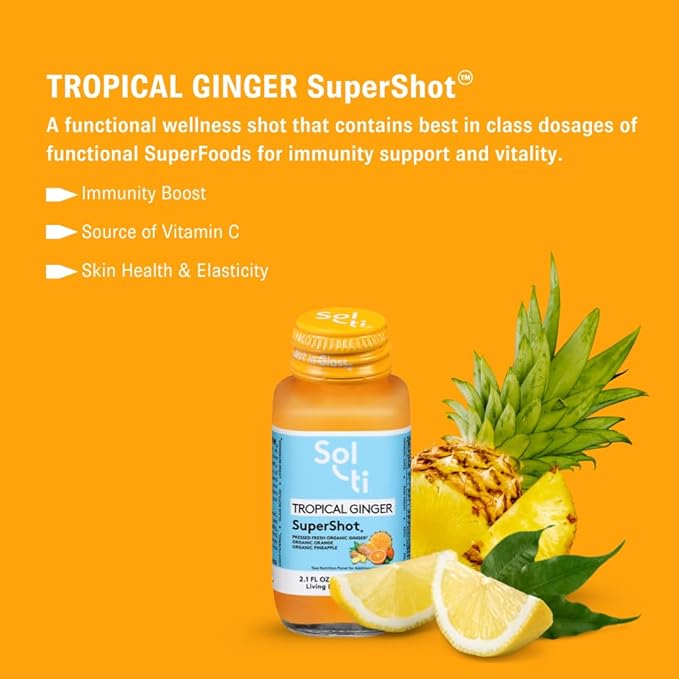 Sol-ti Organic Tropical Ginger SuperShot Drink Aids in Collagen Production and Promotes Skin Elasticity SuperFood Cold-Pressed Fruit Juice Blend 12 Pack (2.1 Fl oz)
