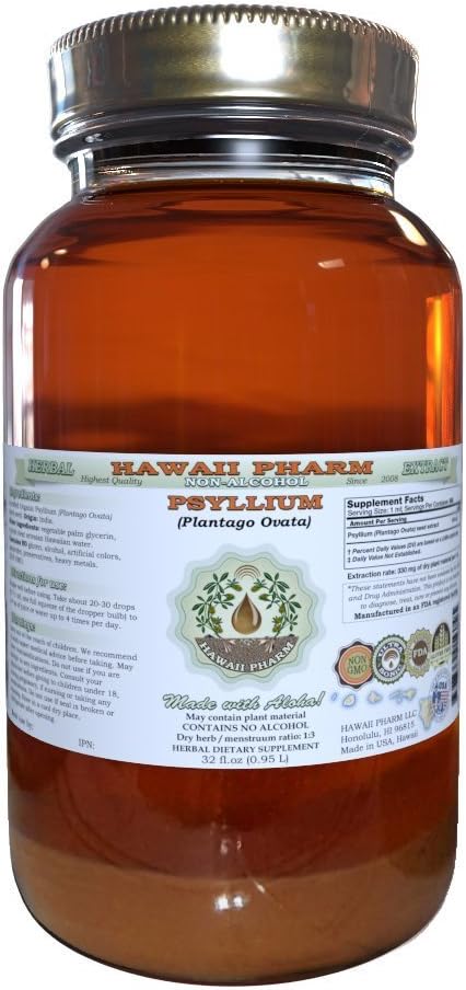 Psyllium Alcohol-Free Liquid Extract Psyllium (Plantago Ovata) Seed Glycerite Natural Herbal Supplement Hawaii Pharm 32 fl.oz