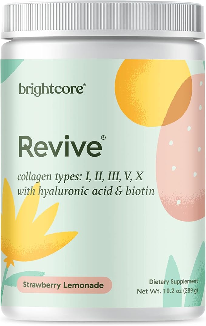 Brightcore Nutrition Revive Multi Collagen Protein Powder with Vitamin C and Hyaluronic Acid Non-GMO Gluten-Free Collagen Powder for Women and Men Strawberry Lemonade Flavor 30 Servings