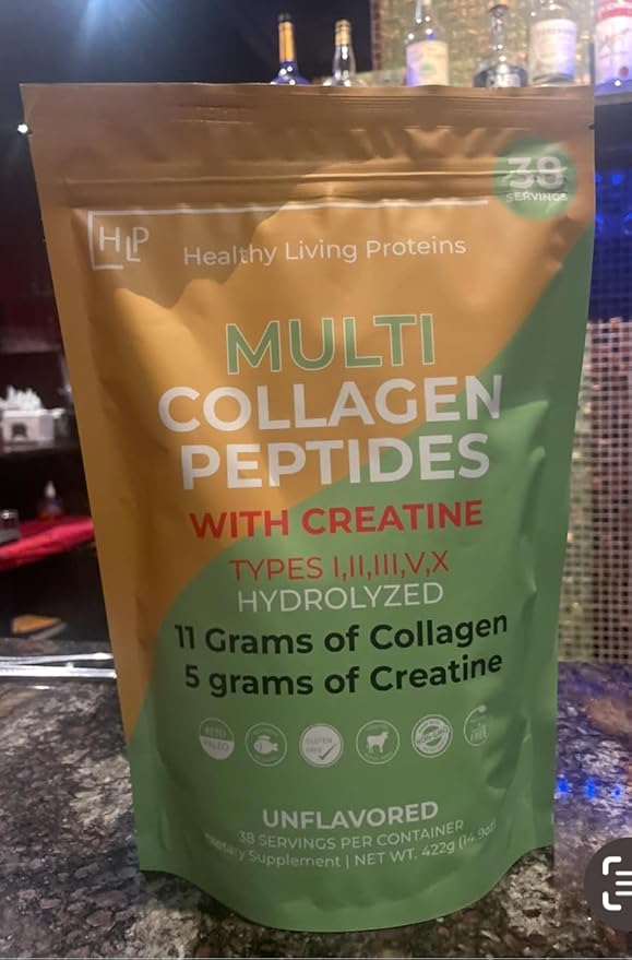 Healthy Living Proteins | Multi Hydrolyzed Collagen Peptides with (CREATINE) Type I II III V &amp X | Grass Fed Bovine Wild Caught Marine Free Range Chicken | Gluten Free (Unflavored 14.9 oz)