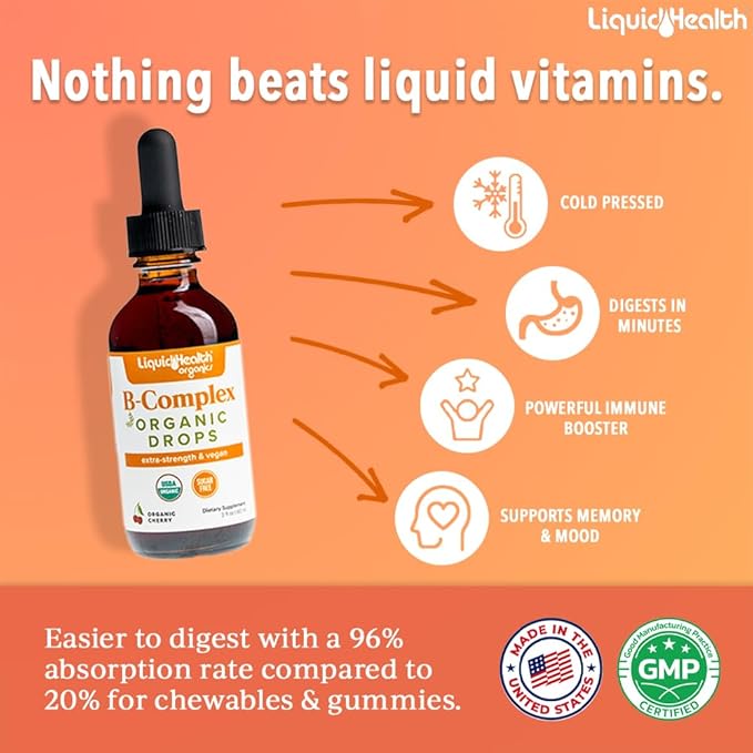 LIQUIDHEALTH USDA Organic Vitamin B Complex Drops for Men &amp Women - Natural Energy Improved Focus Memory &amp Mood Immune Support Metabolism Boost - USA Made Extra Strength No Sugar Vegan