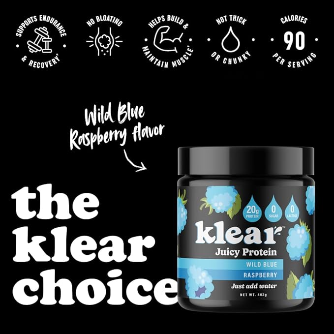 Klear - Clear Protein Powder Wild Blue Raspberry Lactose-Free Protein Powder 20g Protein Whey Isolate 0 Sugar 16 Servings Keto-Friendly Protein Isolate Mix Water Shake for Clear Protein Drink