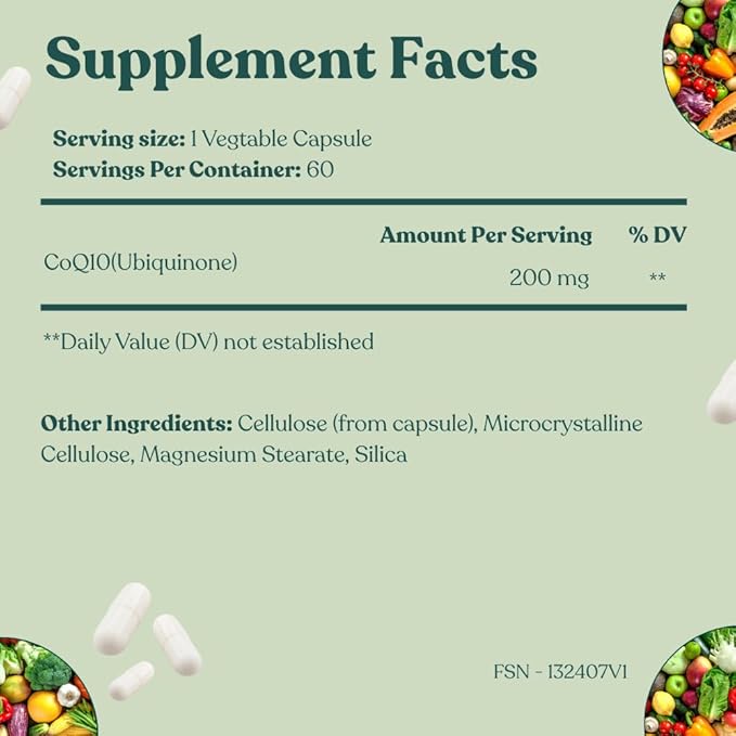 Florida Sunshine Premium CoQ10 200mg 60 Capsules | Heart Health Support | Energy Production | Antioxidant Coenzyme Q10 | Supplement