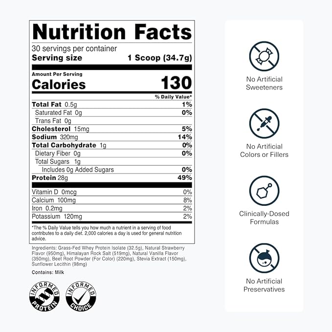 Transparent Labs Grass-Fed Whey Protein Isolate - Natural Flavor Gluten Free Whey Protein Powder w/ 28g of Protein per Serving &amp 9 Essential Amino Acids - 30 Servings Strawberry Milkshake