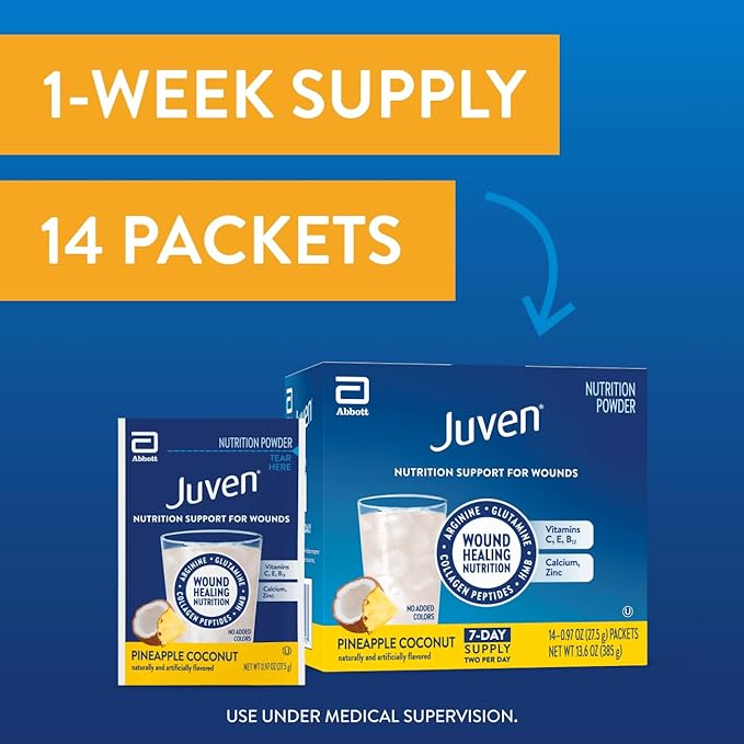 Juven Therapeutic Nutrition Drink Powder Including Collagen Peptides Amino Acids and HMB for Wound Healing Support Pineapple Coconut 14 Packets
