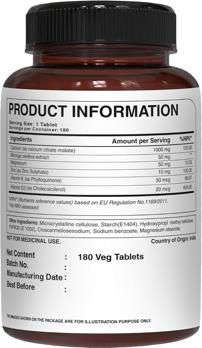 Pure Nutrition Ultra Calcium Citrate 1000mg Highly absorbable Calcium Supplement with Calcium Citrate Malate Vitamin D Zinc and Magnesium - 1 Tablet Daily (180 Veg Tabs) Non-GMO | Gluten-Free