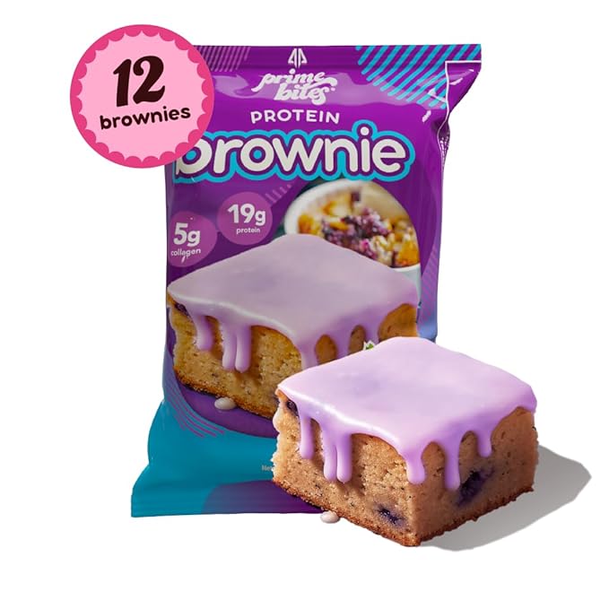 Prime Bites High Protein Brownie (12 Per Box Blueberry Cobbler) - 19g of Protein 5g of Collagen Gluten Free Low Sugar Treat Delicious Protein Snack